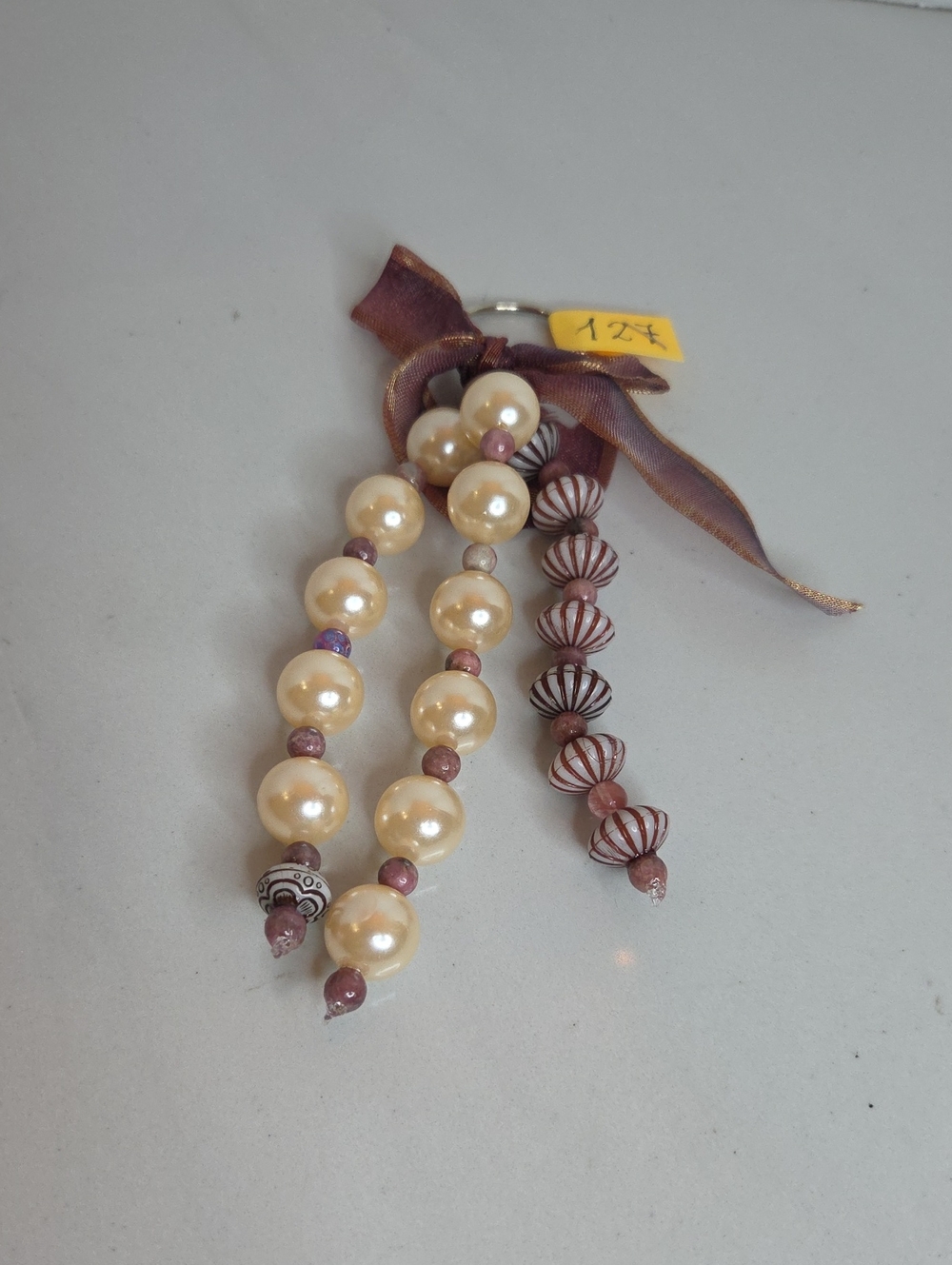 127 - Pearl and Mauve Beaded Bag Charm